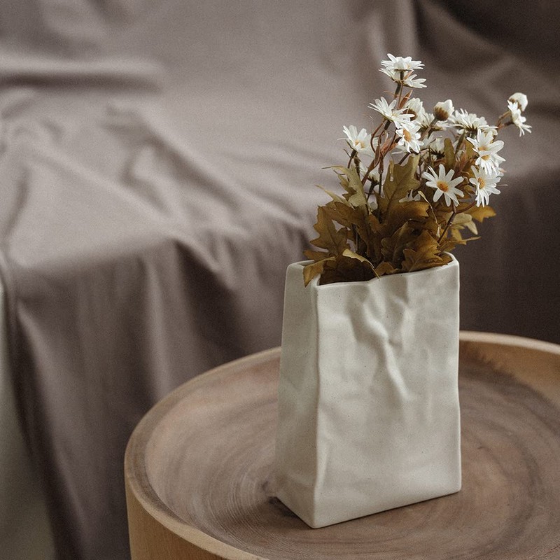 Crinkle Paper Bag Shape Ceramic Vase, Large Capacity for Flower
