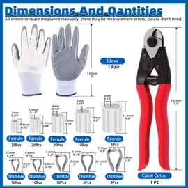 Glarks 117Pcs 8" Heavy Duty Wire Rope Cable Cutter and Aluminum Crimping Loop Sleeves and Wire Rope Thimble Assortment Kit with a Pair of Gloves for Deck Stair Railing Fencing