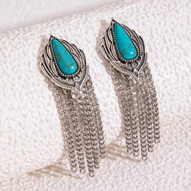 Wendalern Boho Long Chain Tassel Dangle Earrings Ethnic Geometric Turquoise Stud Earrings Silver Metal Fringe Earrings Prom Wedding Earrings Statement Jewellery for Women Girls, Zinc, No Gemstone