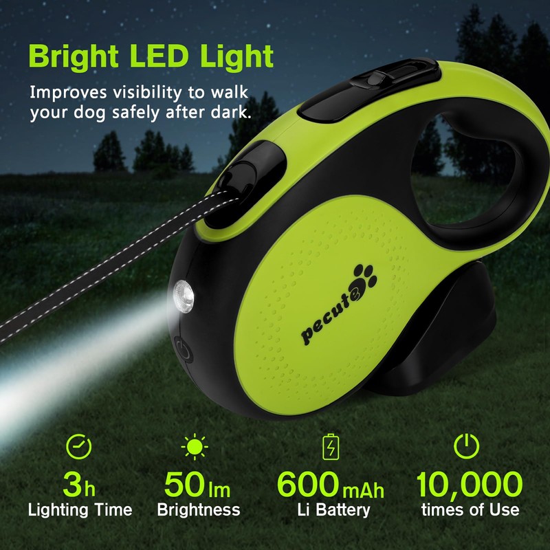 Pecute 16 ft Retractable Dog Leash with LED Light Rechargeable,