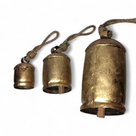 Set of 3 Rustic Tin Metal Jingle Bells (10" 6" 4") Cluster Vintage Handmade Lucky Christmas Hanging Mix Cow Bells On Rope - Global Craft and Creations