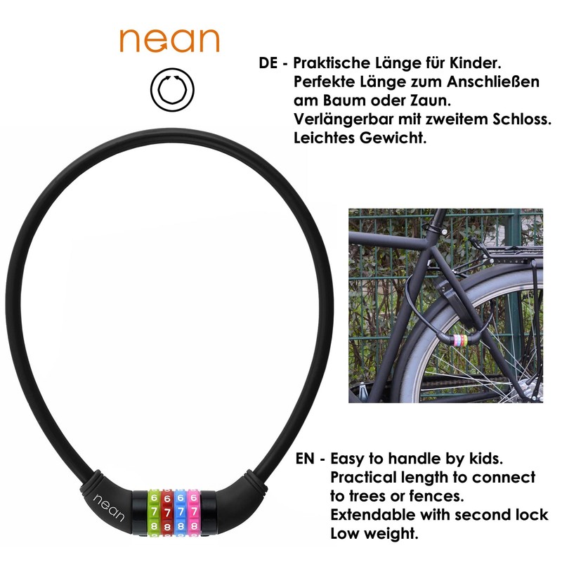 Nean children's-bicycle-cable-lock, number code combination lock in colourful design, 10
