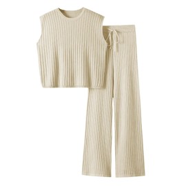 Imily Bela Womens 2 Piece Outfits Sweater Sets Knit Summer Casual Crewneck Sleeveless Tops Wide Leg Pants Tracksuits, Beige, Large