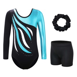 XFGIRLS Leotards for Girls Long Sleeve Sparkle Gymnastics Leotards Shiny Athletic Ballet Dance Shorts 183_BlackBlue_6A