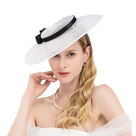 Vintage Fascinators Pillbox Hat for Women Straw Fedora Wide Brim Ladies Church Sinamay Derby Hats, White, Medium