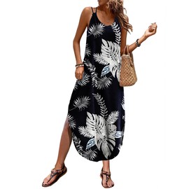 Zeagoo Hawaiian Dresses for Women Beach Long Loose Maxi Split Tropical Print Summer Vacation Dress Leaf XL