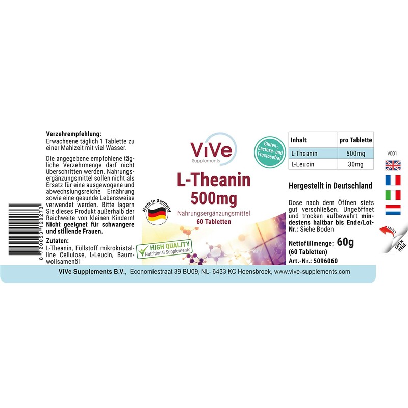 L-Theanine Tablets, 500 mg, 60 Tablets, High Dose, Vegan, Quality