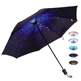 J&B Umbrellas Compact Travel Umbrella for Women Vinyl Anti-UV Long Stick Lightweight Starry and Blossom Parasol for Sun and Rain Gift Choice Starry …