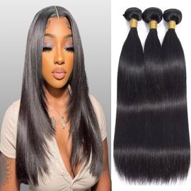 Human Hair Bundles 12A Brazilian Straight Human Hair Bundles 100% Unprocessed Remy Straight Weave Bundles Human Hair Double Weft Hair Bundles 295-300g Total Natural Color 18 20 22 Inch 295-300g Total