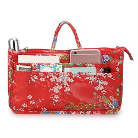 BTSKY Printing Handbag Organizers Inside Purse Insert - High Capacity 13 Pockets Bag Tote Organizer with Handle (Festive Flower)