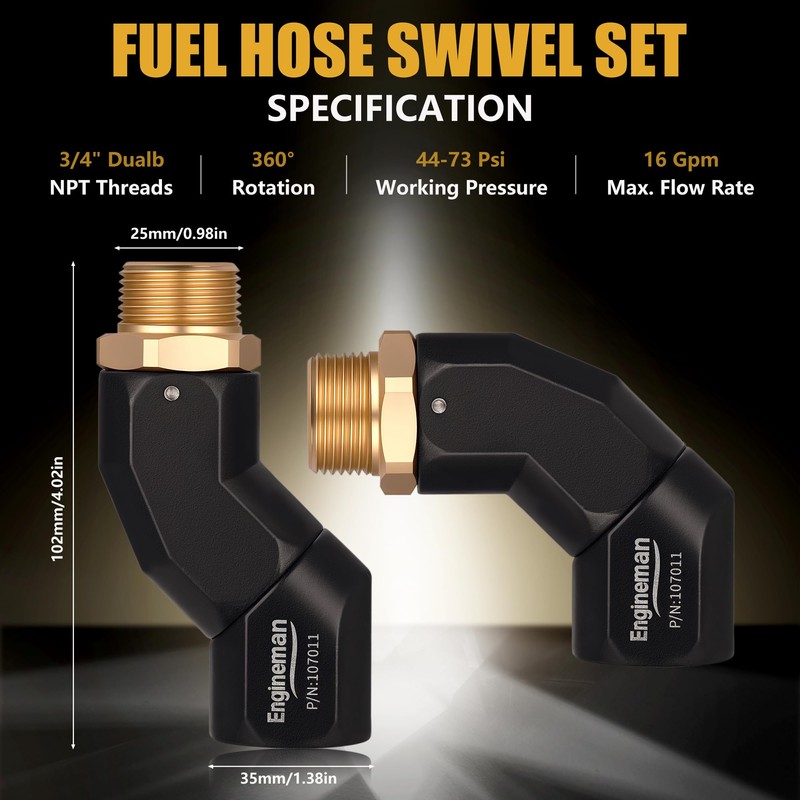 ENGINEMAN 3/4" NPT Fuel Hose Swivel - Multi-Plane 360° Rotating