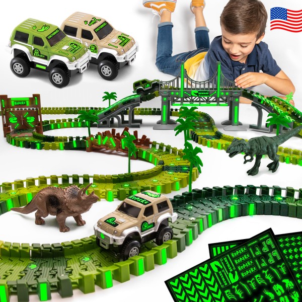 JITTERYGIT Dinosaur Jurassic Race Track Train Glow In The Dark World Toy Set, Kids Dino Racetrack Park Includes T-Rex & Triceratops Playset - Best Birthday Gift for Boys & Girls 3 4 5 6 7 8 Year Old