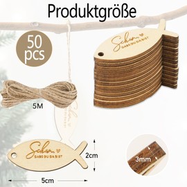 50 Pieces Wooden Gift Tags Schön Dass Du Da Bist Wooden Pendant Fish Shape Wooden Decoration Confetti Decoration for Communion Wedding Christening Birthday Party