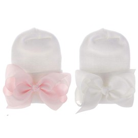Aijian Newborn Hospital Hat Infant Baby Hat Solid Color Doughnut Hat (2 Pack Bow Ribbon / 0-3 Month, 0-3 Month)