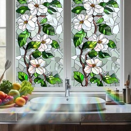 Nuxovilar Stained Glass Camellia Film, 17.7×39.4inch White-Pink Camellias & Green Leaves Pattern, PVC Static Cling for Elegant Study Decor (Sparkle)