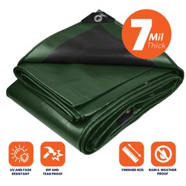 Tarpco Safety Heavy Duty 7 Mil Tarp Cover, Waterproof, UV Resistant, Rip and Tear Proof, Poly Tarpaulin with Reinforced Edges for Roof, Camping, Patio, Pool Cover, Boat (Green/Black 10′ X 10′)