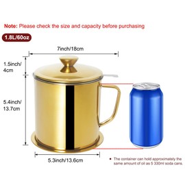 Tellshun Bacon Grease Container with Strainer 1.8 L / 60 oz Strong Kitchen Catcher Food-grade Stainless Steel Cooking Oil Keeper with Lid and Easy-Grip Handle Suitable for Storing Frying Oil