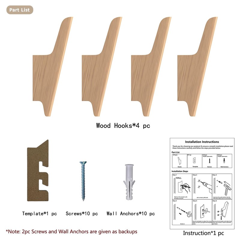 FCOWK Wall Hooks 4 Pack Coat Hooks Mounted Natural Wood