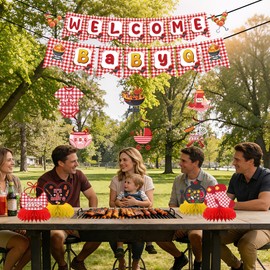 FodeMoraka Baby Q Baby Shower Decorations - 12 Pcs Red Summer BBQ Pre-strung Banner Garland Hanging Swirls Honeycomb Table Centerpieces Decor Set Barbecue Gender Reveal Party Supplies for Boys Girls
