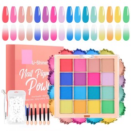 U-Shinein Nail Pigment Powder Palette Set, 16 Colours Ombre Nail Powder Palette with 100 Pieces Sponges & Grabbing Pen French Aura Nails Ombre Nail Brush Nail Art DIY Accessories (Set B)