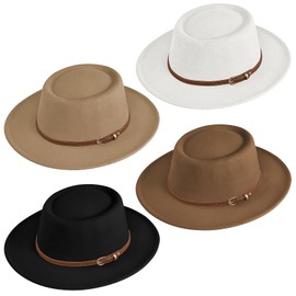 4 Pack Wide Brim Fedora Hat for Women, Felt Wool Fedora Hats Panama Boho Jazz Hat with Belt Buckle for Church Party Travel Wedding