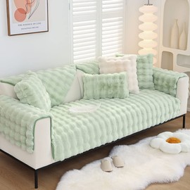 XSlive Soft Warm Faux Fur Couch Sofa Cover Thick Shaggy Fuzzy Sectional Couch Cover Non-Slip Solid Color Plush Sofa Slipcover Furniture Protector for Kids, Pets (Light Green,28"x59")