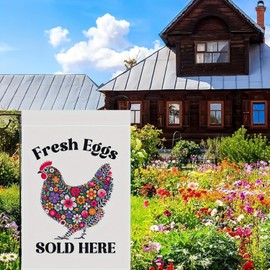 Funny Garden Flag 12 X 18 Inch Double Sided Spring Summer Yard Outdoor Farmhouse Lawn Decoration Flag Fresh Eggs SOLD HERE with Flowers Yard Flag Urban Farm Décor