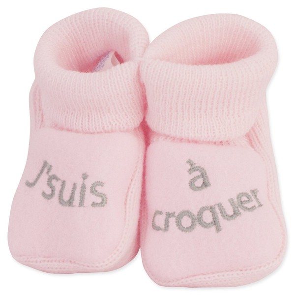 KINOUSSES - Baby Booties - Embroidered "J'suis à croquer" - 0-3 Months - Pink/Silver, Pink