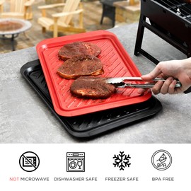 TP Grilling Prep and Serve Trays, 17" BBQ Tray for Meat Marinating and Food Plating, Melamine Serving Platters Set of 2 Grilling Accessories, Black and Red