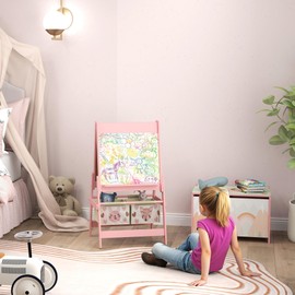 Qaba Toy Box with Lid and Kids Easel with Paper Roll, Blackboard, Whiteboard, Cute Fox Design Kids Activity Furniture Set for Ages 3-8 Years, Pink