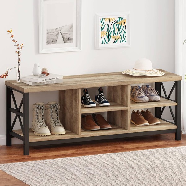 FATORRI Shoe Bench Entryway with Storage, Industrial Wood and Metal