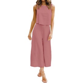 ROYLAMP Women's Summer 2 Piece Outfits Round Neck Crop Basic Top Cropped Wide Leg Pants Set Jumpsuits Cherry Pink L