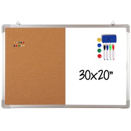 Combination Whiteboard Bulletin Board Set - Dry Erase/Cork Board 30x20 in with 1 Magnetic Dry Eraser, 4 Markers, 4 Magnets and 10 Thumb Tacks - Combo Tack Board White Board for Home Office Desk