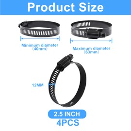 Litoexpe 2.5 Inch Stainless Steel Worm Gear Hose Clamp 4 Pcs, Adjustable 40-63mm Size Range, Fuel Line Clamp for Plumbing Automotive and Mechanical Application (Black)
