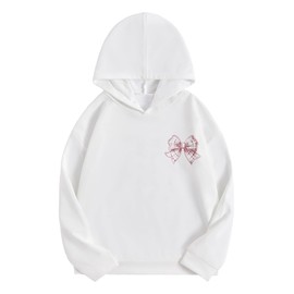 Verdusa Girl's Bow Letter Graphic Hoodie Lightweight Sweatshirts Cute Long Sleeve Pullover Top White 10Y