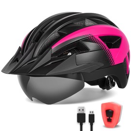 FUNWICT Adult Bike Helmet with Visor and Goggles for Men Women Mountain Road Bicycle Helmet Rechargeable Rear Light Cycling Helmet (L: 57-61 cm (22.4-24 inches), Black Pink)