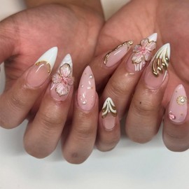 White French Tip Press on Nails Medium Almond OFDNE 3D Fake Nails False Nails with Designs Pink Flower Gold Swirl Pearls Glossy Glue on Nails Acrylic Nails for Women Girls 24Pcs