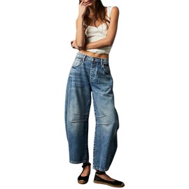 Barrel Jeans Women,Women Mid Rise Barrel Jeans Wide Leg Baggy Trendy Jeans Boyfriend Vintage Denim Pants with Pocket Dark Blue