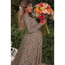 OUGES Womens V-Neck Long Sleeve Floral Maternity Midi Dresses Nursing Gown Breastfeeding Clothes Baby Shower Dress(FloralF,M)