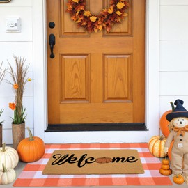 2 Pcs Fall Door Mat Combo Set, Coir Welcome Doormat + 43'' x 28'' Orange and White Plaid Rug, Pumpkin Fall Outdoor Rug for Thanksgiving Front Porch Entryway Floor Indoor Outdoors Autumn Decor