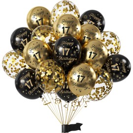 Happy 17th Birthday Balloons Black Gold 15 Pcs,17th Birthday Latex Confetti Balloons Black Gold Decoration 17 Year Old Boys Girls Anniversary Party Celebration Supplies
