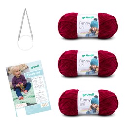 Gründl Wool for Knitting and Crocheting Knitting Set Funny Plain Velvety Chenille Yarn 3 x 100 g + Needles 5-6 + Instructions for a Baby Blanket, Bordeaux