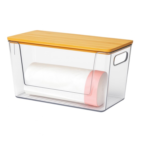 Trash Bag Holder with Bamboo Lid, Stackable Trashbag Dispenser, Extra