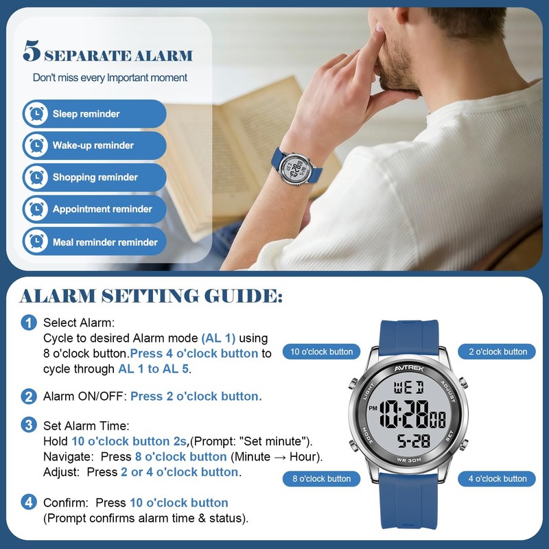 AVTREK Ultra-Thin Digital Watch Waterproof,and 5 Alarms/LED Backlight,Men's