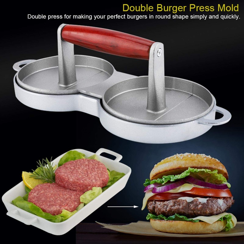 Non-Stick Double Burger Press Mould Aluminum Alloy with Wooden Handle