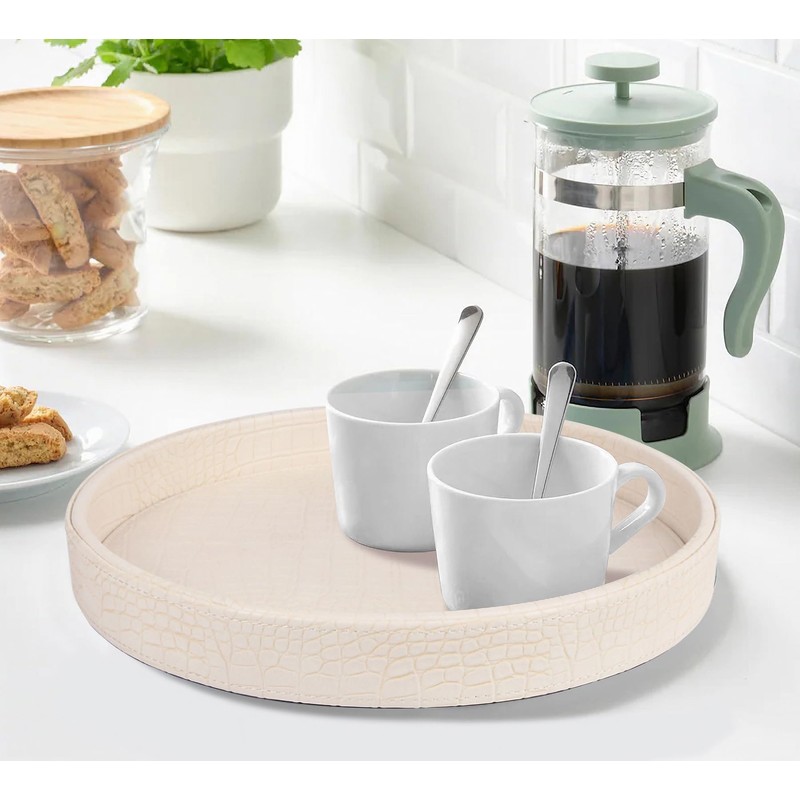 HofferRuffer Faux Leather Round Serving Tray, Vegan Croco Leather Decorative
