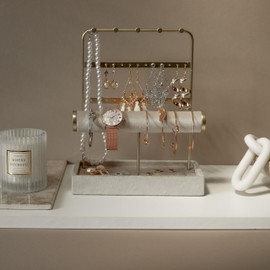 NOBELLUXE Jewellery Organiser – 3-Tier Jewellery Stand with T-Bar Bracelet Holder – Durable Metal Necklace Holder with Room for Earrings, Bracelets, Brooches and Watches