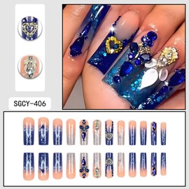 Blue Press on Nails Long Square Fake Nails Full Cover Acrylic Fake Nails with Rhinestones Designs Gradient False Nails Glossy Glue on Nails Reusable Nail Decorations for Women 24pcs