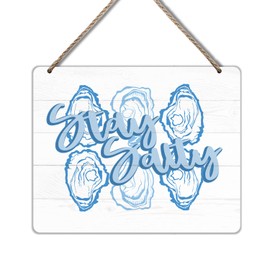 Udinaz Coastal Beach Oyster Hanging Sign, Coastal Beachy Wall Decor, Blue Stay Salty Oyster Hanging Wood Plaque Decor for Home Room Bedroom Beach House Wall Door Decorations