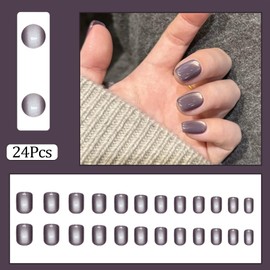 RUPOFUZA Cat Eye Press on Nails Short Square Grayish Purple Acrylic Fake Nails Full Cover Press ons Glossy Stick on Nail Artificial False Nails for Women Girls 24Pcs